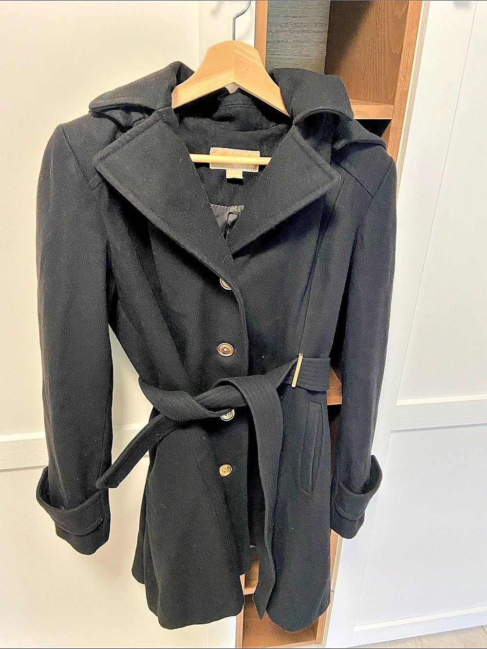 Michael Kors Wool Blend Hooded Belted Coat with Gold Hardware Black